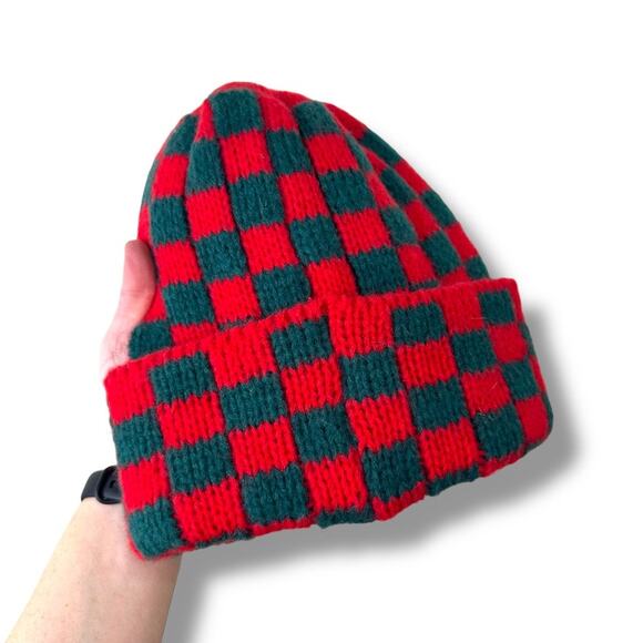 Y2K Women's Multicolor Red Green Cat Crochet Plaid Grunge Emo Knitted Hat Beanie - Picture 2 of 4